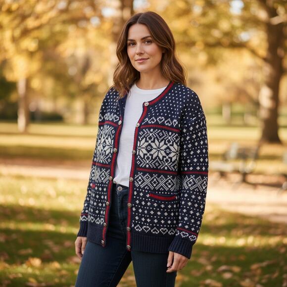 Vintage LL Bean Blue Chunky Knit Button Up Fair Isle Cardigan Sweater Medium - Picture 1 of 7